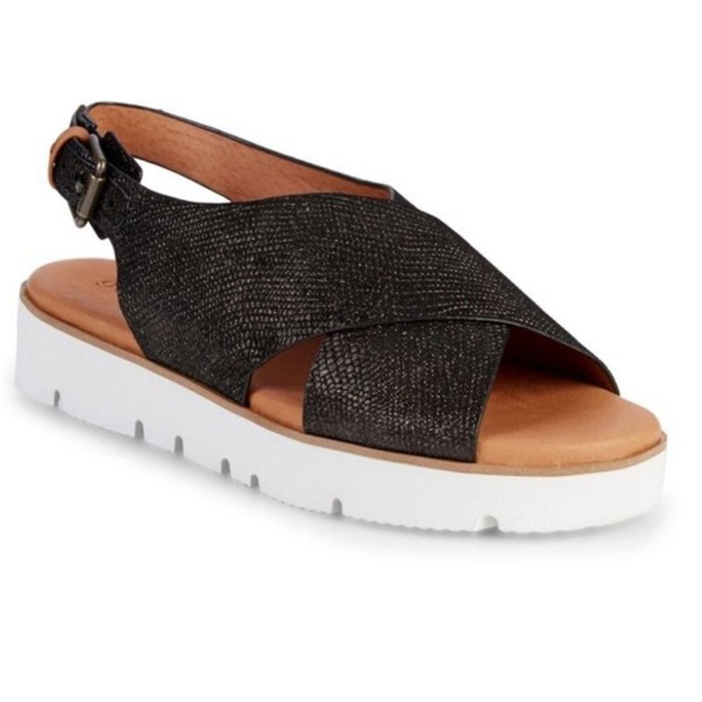 Gentle Souls Black Leather Platform Sandals • Shimmer Flatform Comfort • Size 10